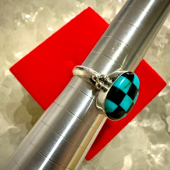 NWOT Handmade Sterling Silver Turquoise & Black Onyx Checkered Ring - Picture 4 of 4